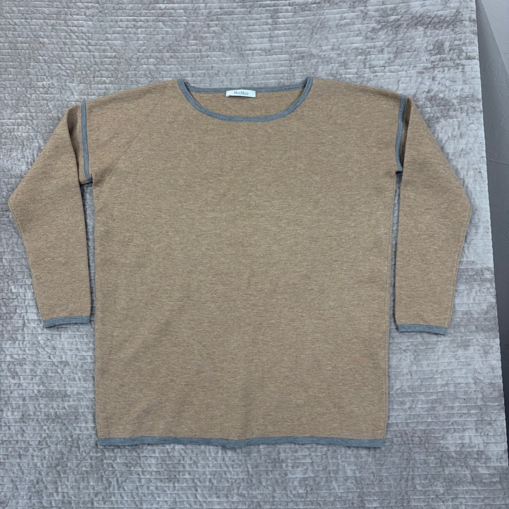 MaxMara Cashmere Wool Blend Crew Neck Sweater Tan Grey Trim Size S